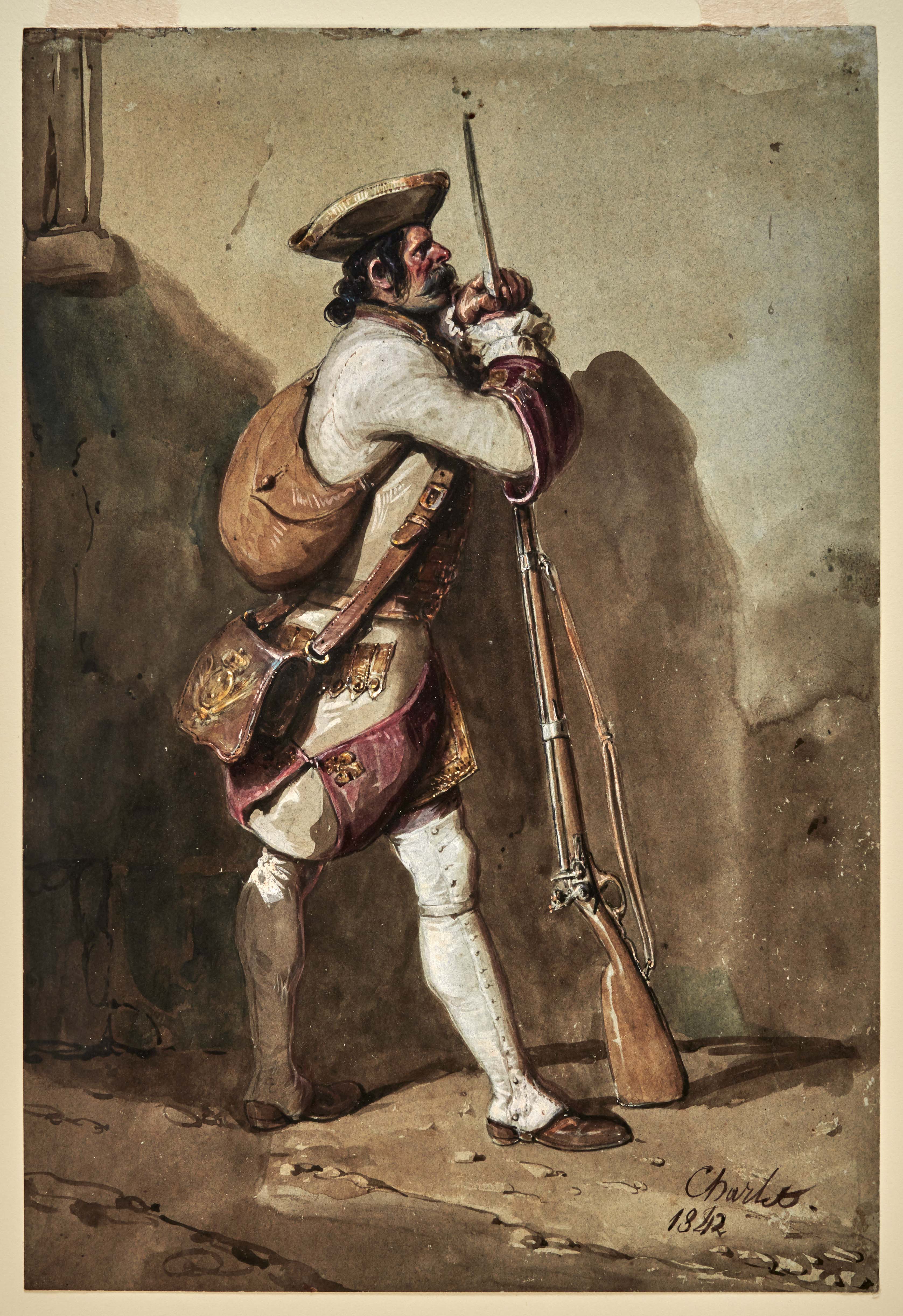 Drawing of soldier in old uniform holding a weapon.