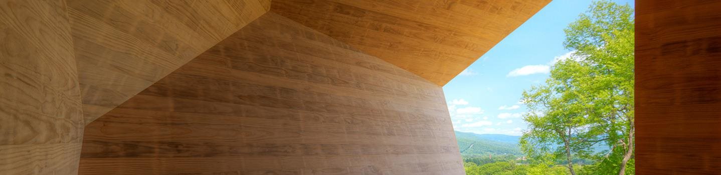 Wooden walls and an opening to the colorful outdoors from the inside of the exhibit 